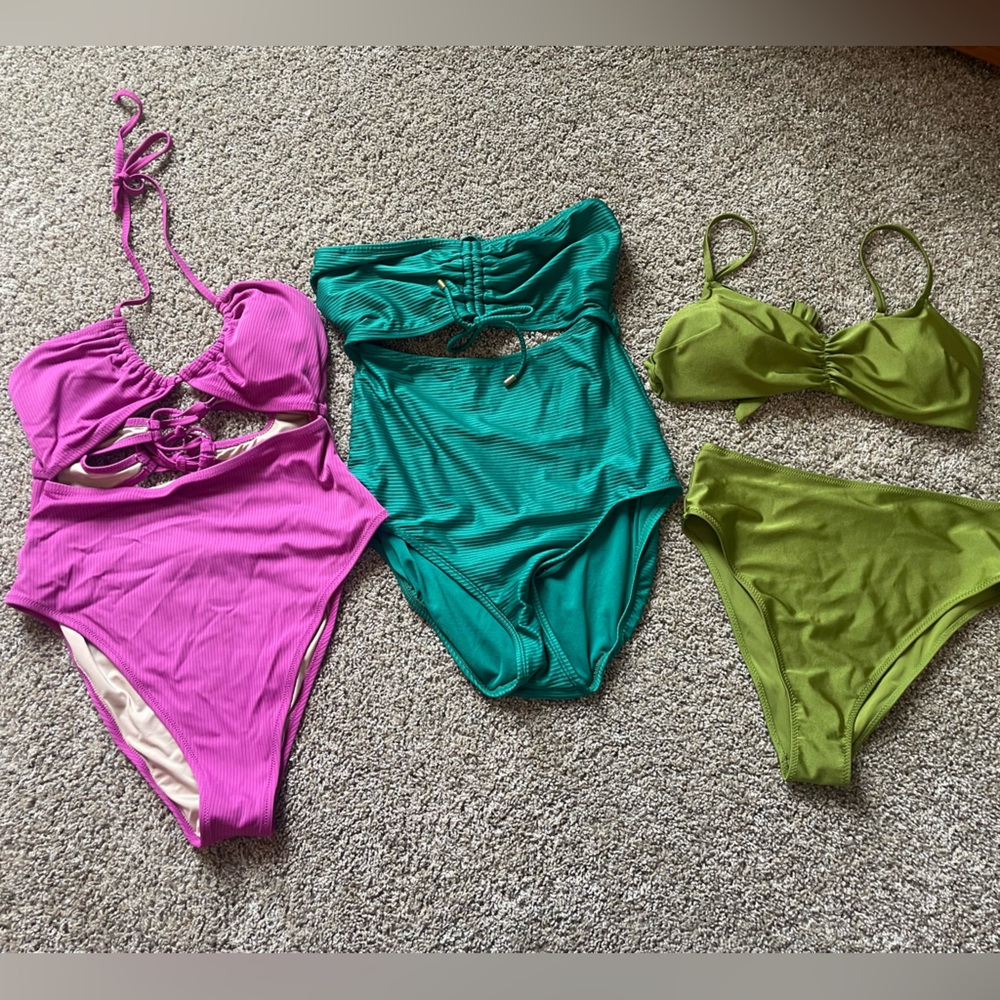 H&M Pink One-Piece & Teal High-Waist Swimsuit with Olive Green Bikini Set